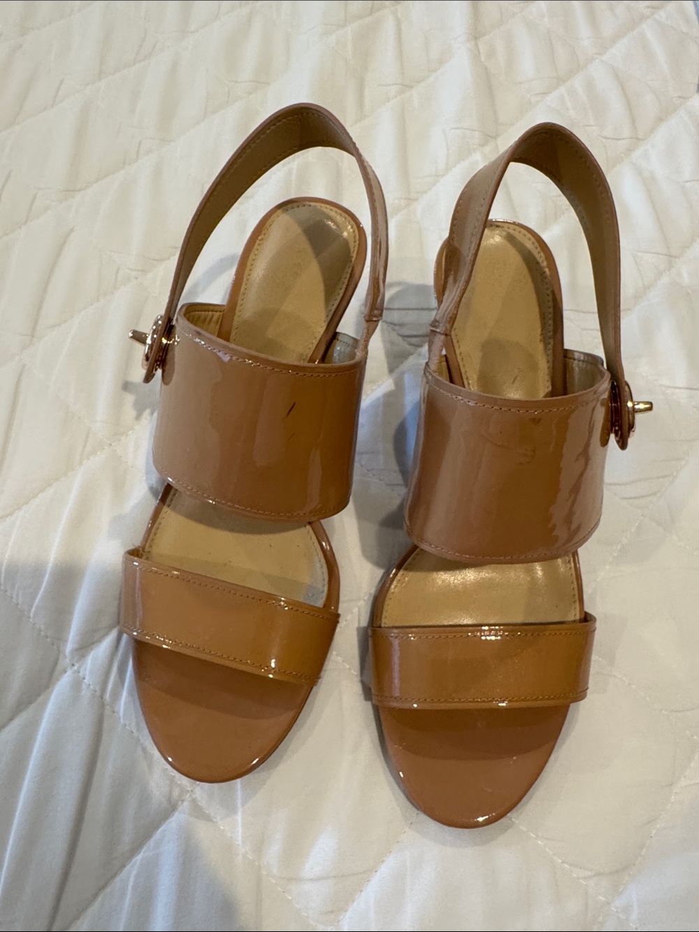 Coach Patent Leather Two-Strap Slingback Sandals in Tan